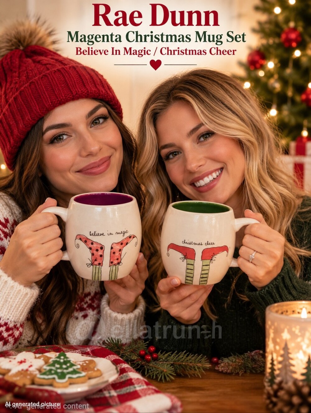 Rae Dunn Magenta Christmas Mug Set Believe In Magic/Christmas Cheer